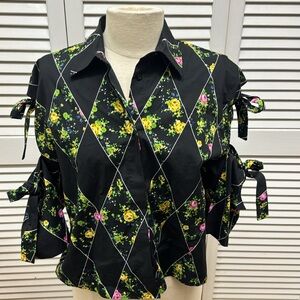 MSGM Milano Black Bright Floral Collared Button Down Blouse Split BowTie Sleeves